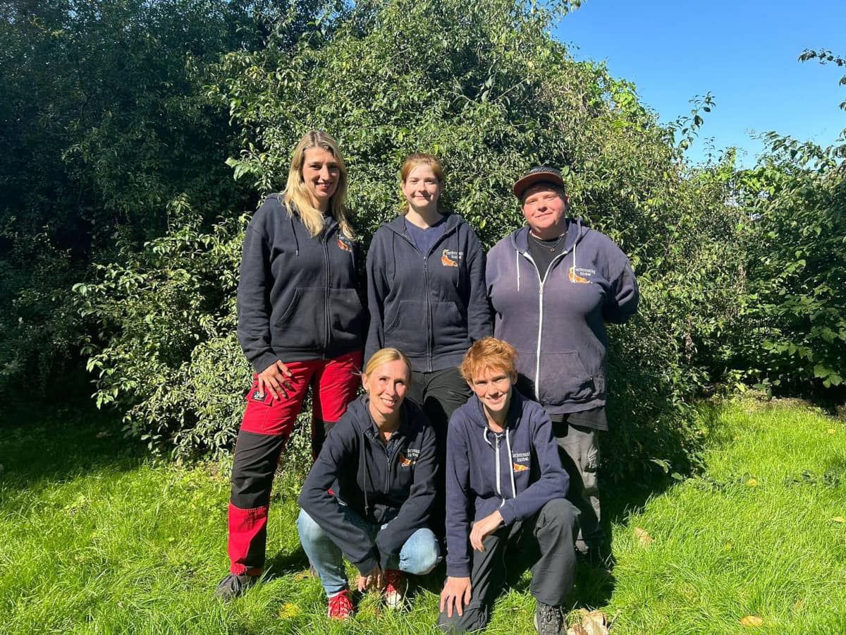 Das fünfköpfige Auehof-Team steht lächelnd in seinen dunkelblauen Hof-Pullovern auf der Wiese
