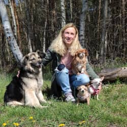 Inga Heidel sitzt vor Birken in der Frühlingswiese, neben ihr ein großer Hütehund-Mischling und drei kleine Hunde